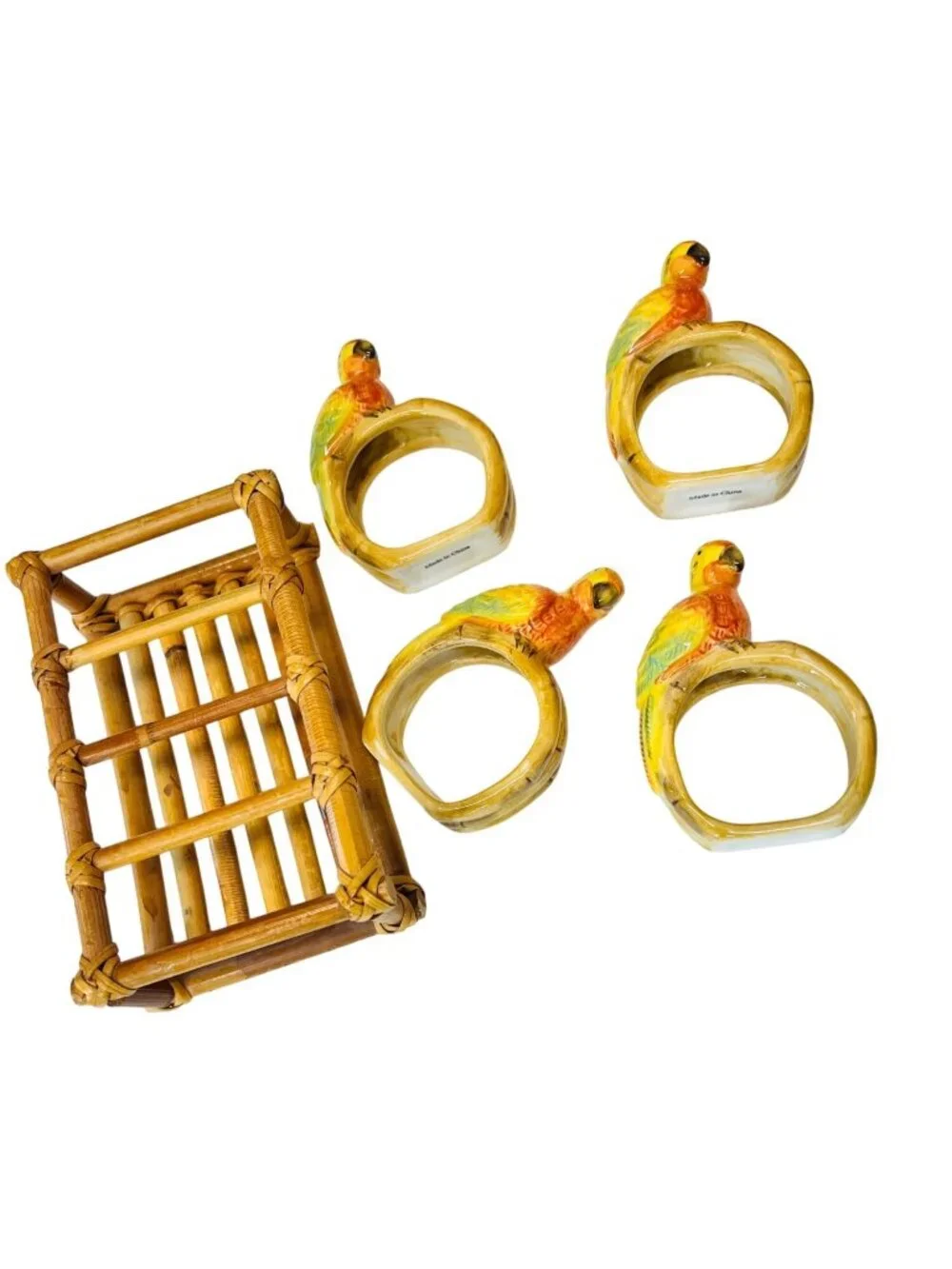Retro 1980s Ceramic Parrot Napkin Rings & Bamboo Caddy Set MCM Tropical Decor